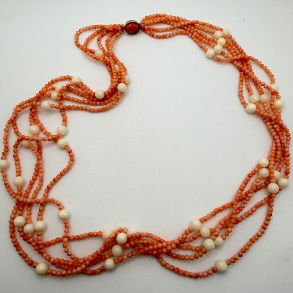 22" multi-strand Angel Skin Coral necklace with gold over sterling, coral clasp!